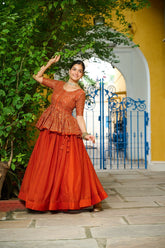 Trendy Orange Fendy Embroidered Top With Lehenga